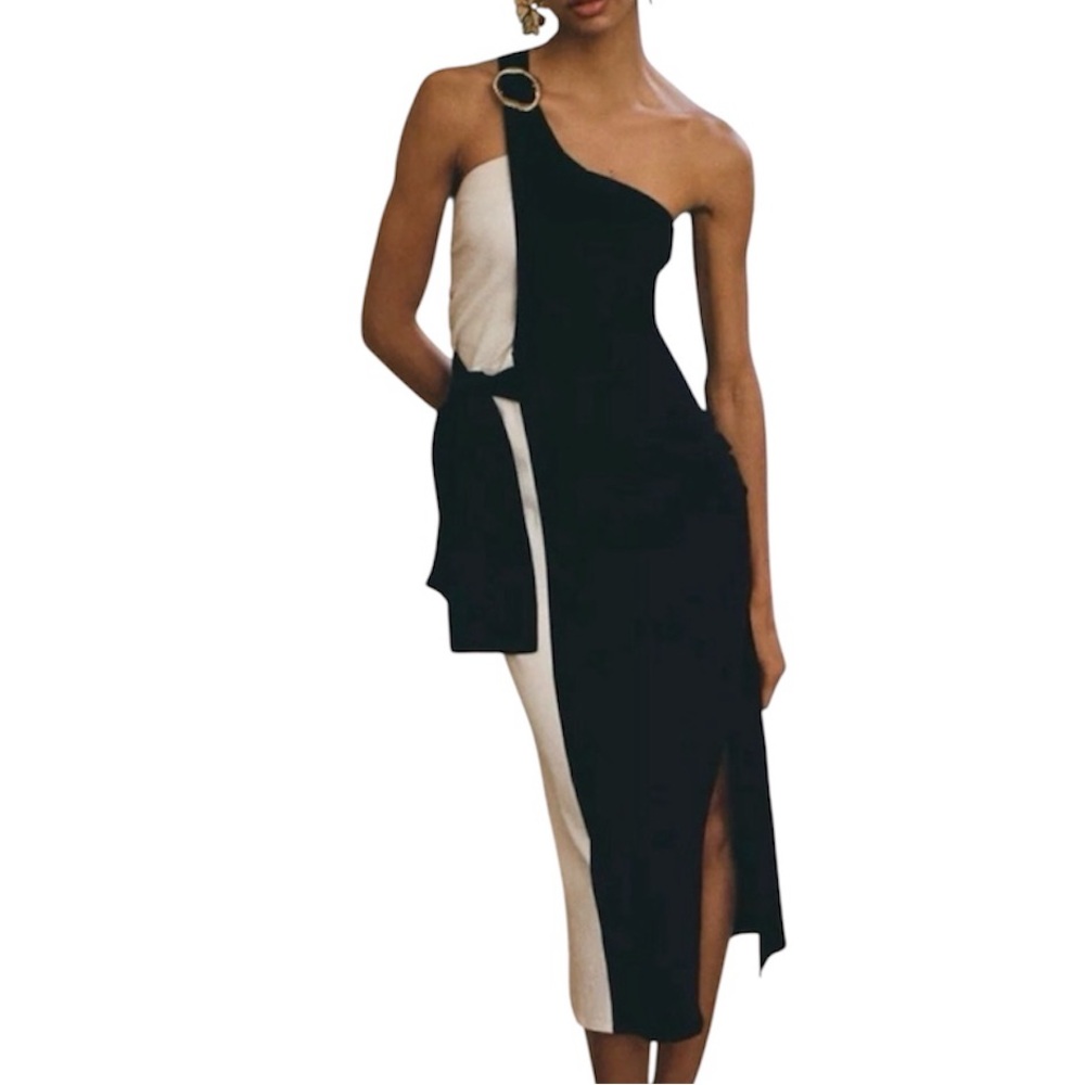 Zara One-Shoulder Knot Detail Black and White Dress